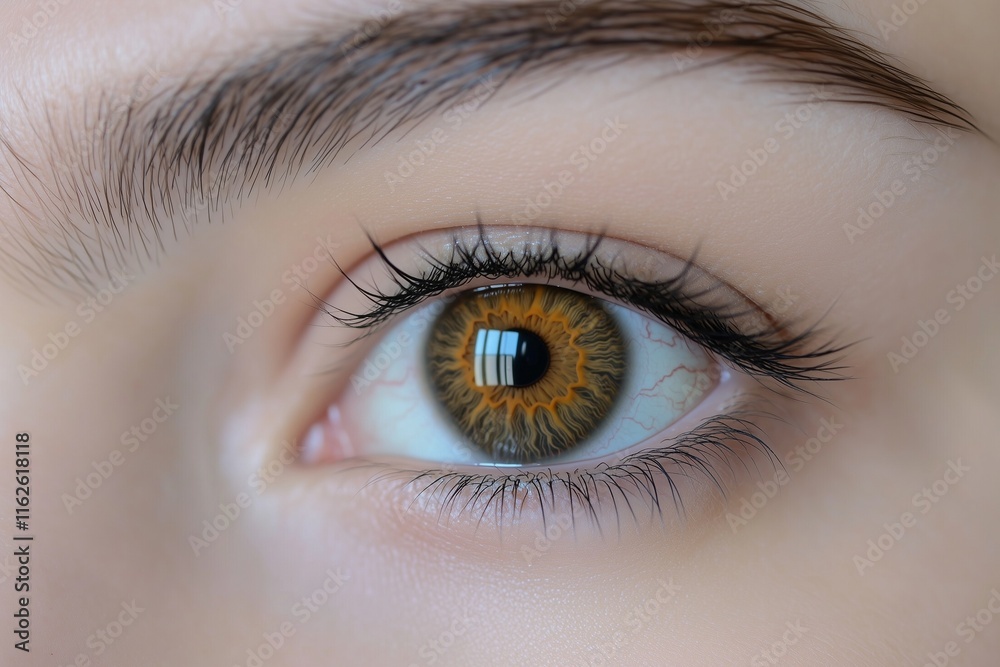 Detailed macro shot of a womana??s golden-brown eye, featuring distinct patterns in the iris and sharp reflections, captured in Detailed macro shot of a womana??s golden-brown eye, featuring distinct patterns in the iris and sharp reflections, captured in