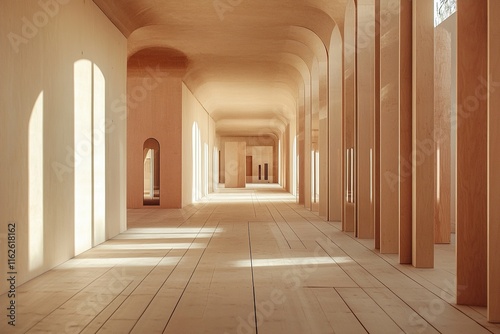 Elegant corridor with wooden architecture and natural light streaming through large openings