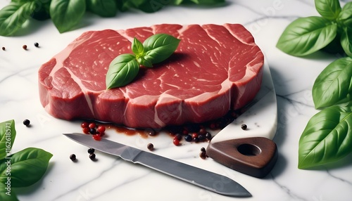 Un filete de carne roja cruda sobre una superficie de mármol, rodeado de hojas verdes frescas de albahaca y granos de pimienta negra, con dos cuchillos de madera a cada lado photo