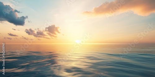 Beautiful sunset over calm ocean waters with fluffy clouds and a serene horizon during twilight