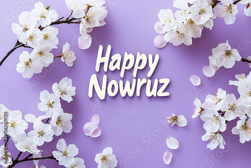 Happy Nowruz Greeting with White Blossoms on Purple Background for Persian New Year