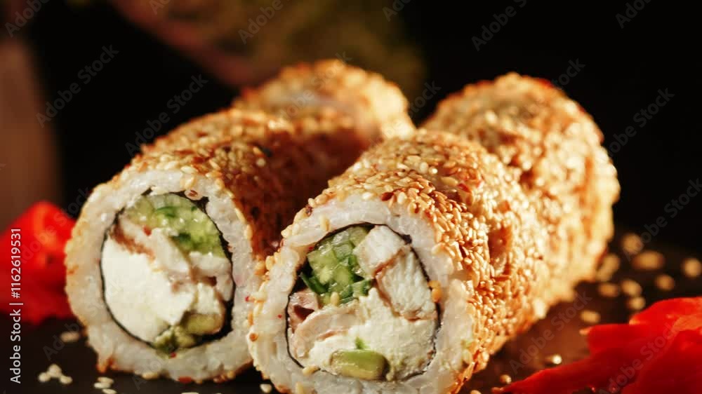 Sushi rotates on a black background. Ready-to-eat delicious Japanese sushi rolls rotating close-up. Fresh set of unagi sushi and rolls with salmon and Philadelphia cheese. Sushi rotates on a black background. Ready-to-eat delicious Japanese sushi rolls rotating close-up. Fresh set of unagi sushi and rolls with salmon and Philadelphia cheese.