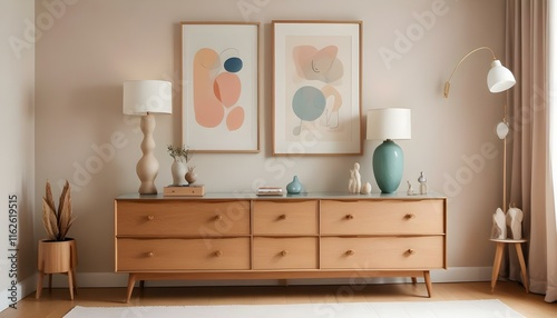 Una cómoda de madera moderna de mediados de siglo con arte abstracto y esculturas en la parte superior