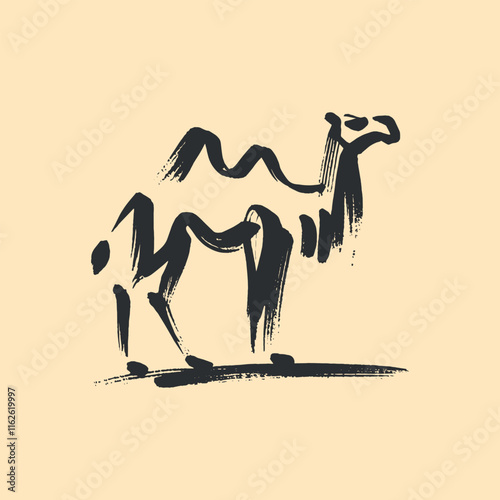 Minimalistic hand drawn brush camel in primitive artistic style photo