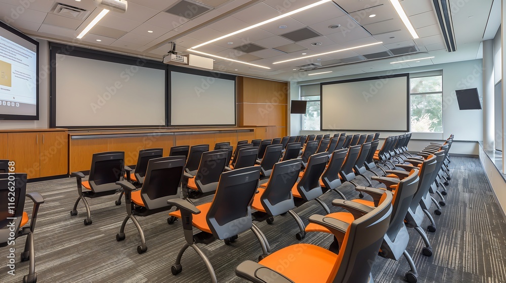 Naklejka premium Corporate training room with interactive learning tools, multimedia displays, and comfortable seating.