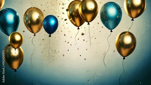 Celebratory gold and blue balloons with confetti on vibrant background