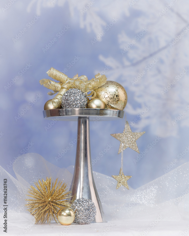 Fototapeta premium Christmas New Year Holiday blue and silver ornaments on blue