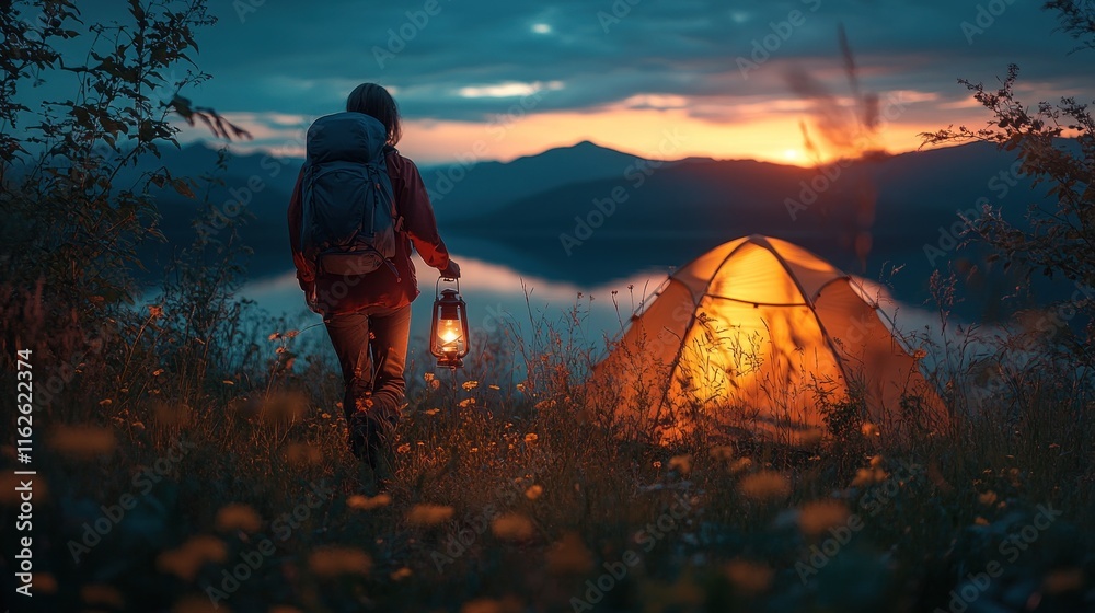 Woman hiker with lantern approaches illuminated tent at sunset near lake. Woman hiker with lantern approaches illuminated tent at sunset near lake.