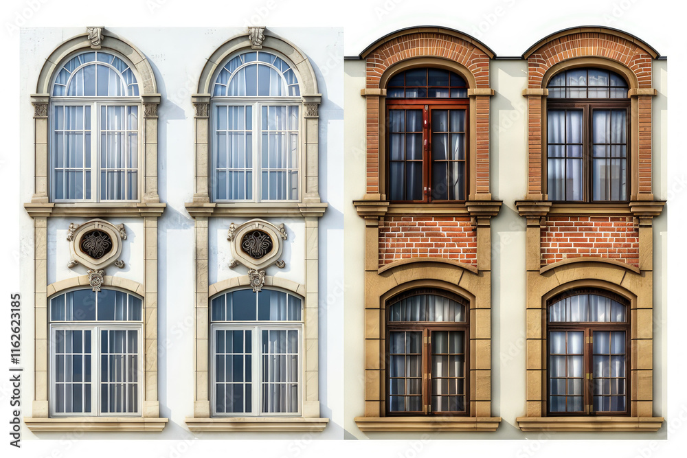 Two sets of architectural window designs showcasing different styles and materials. isolated on white background Two sets of architectural window designs showcasing different styles and materials. isolated on white background