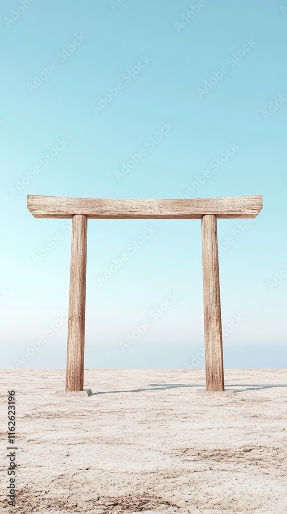 Wooden torii gate in a desert under a blue sky. Wooden torii gate in a desert under a blue sky.