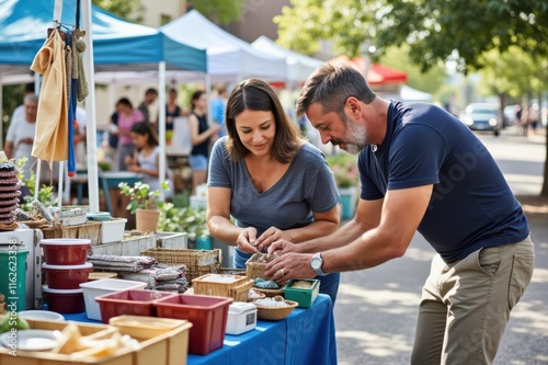 Senior man with female partner arranging merchandise in stall at flea market