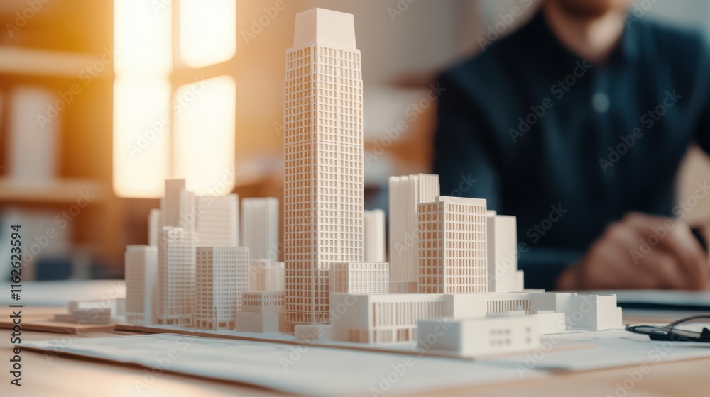 detailed skyscraper model being adjusted by architect in office. intricate design showcases modern architecture and urban planning, highlighting creativity and precision detailed skyscraper model being adjusted by architect in office. intricate design showcases modern architecture and urban planning, highlighting creativity and precision
