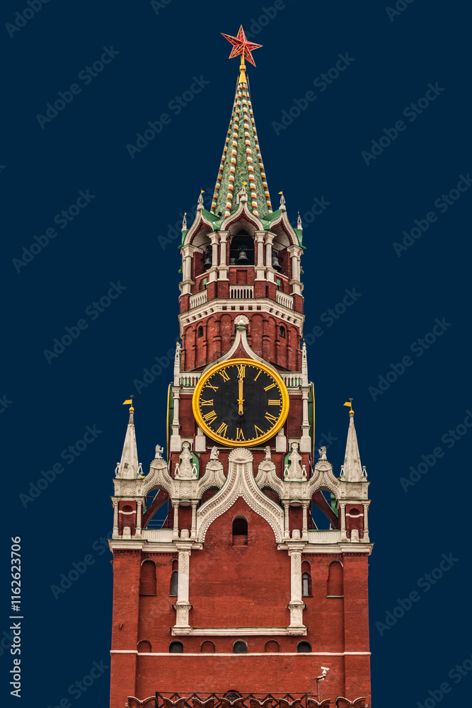 The chiming clock on the Spasskaya tower of the Moscow Kremlin shows exactly 12 o'clock at night - the New Year has arrived. Moscow, Russia