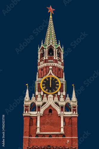 Obraz na płótnie The chiming clock on the Spasskaya tower of the Moscow Kremlin shows exactly 12 o'clock at night - the New Year has arrived. Moscow, Russia w salonie