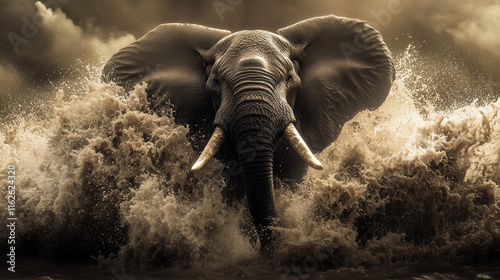 Mighty elephant charges through rushing waves at sunset in a dramatic natural display
