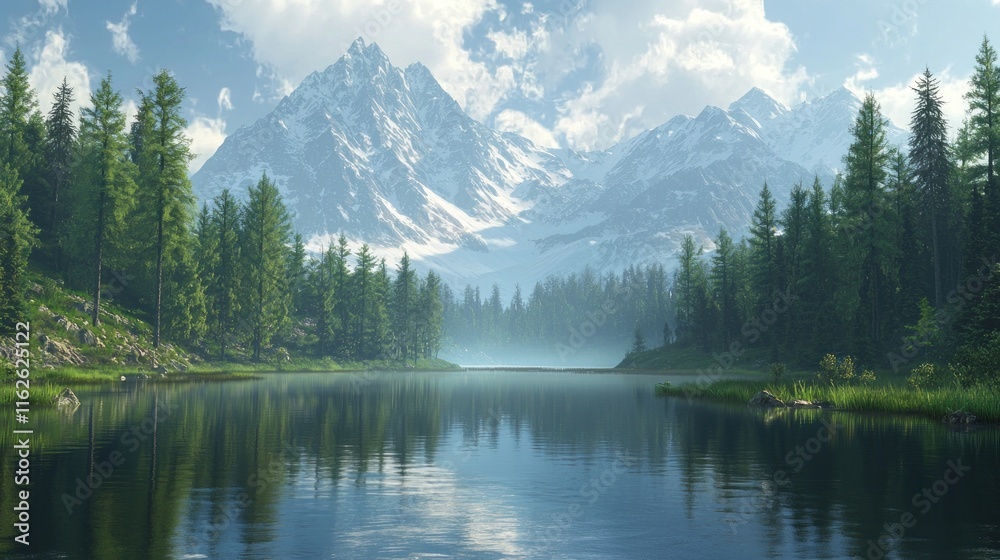 Serene Mountain Lake Surrounded by Lush Evergreen Forest Serene Mountain Lake Surrounded by Lush Evergreen Forest