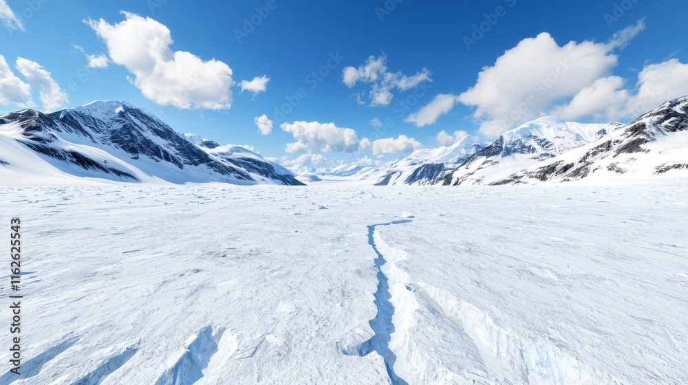 Vast Snowy Glacier Landscape Under Clear Blue Sky with Clouds Vast Snowy Glacier Landscape Under Clear Blue Sky with Clouds