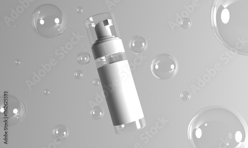 3d render, Transparent foam dispenser bottle with white label on soap bubbles background.
