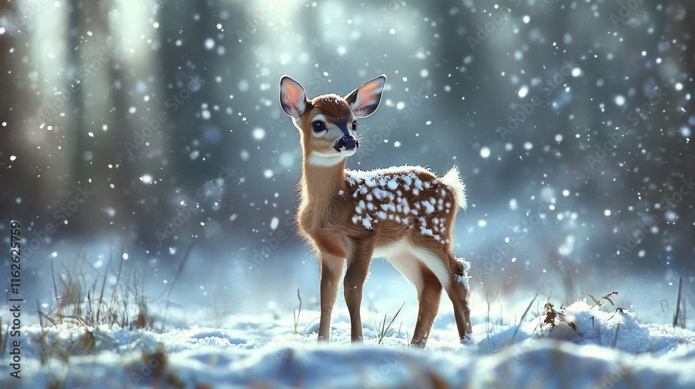 Fawn standing gracefully amid falling snowflakes in a tranquil winter landscape Fawn standing gracefully amid falling snowflakes in a tranquil winter landscape