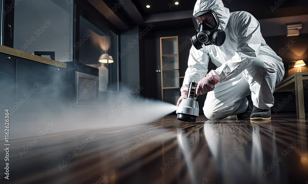 Pest control service worker in white PPE clothing spraing posionous gas on wooden floor indoors