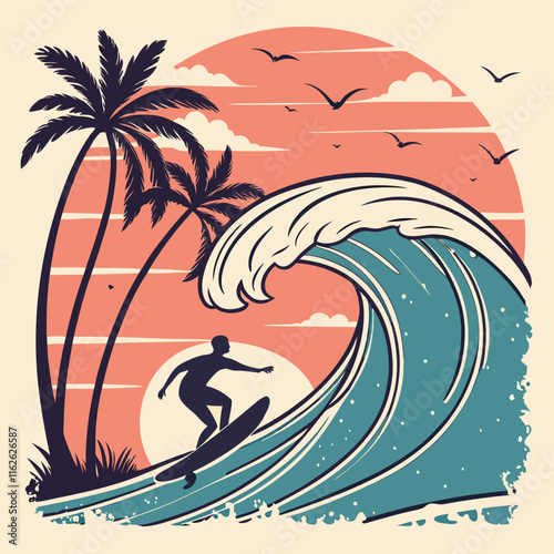 "Surfer riding a massive wave at sunset, with tropical palm trees, birds, and vintage distressed beach vibes."