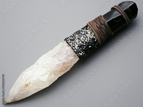 A dagger constructed from crystal with a meticulously detailed handle, showcasing elegant craftsmanship that fuses aesthetic beauty with historical weapon inspiration. photo