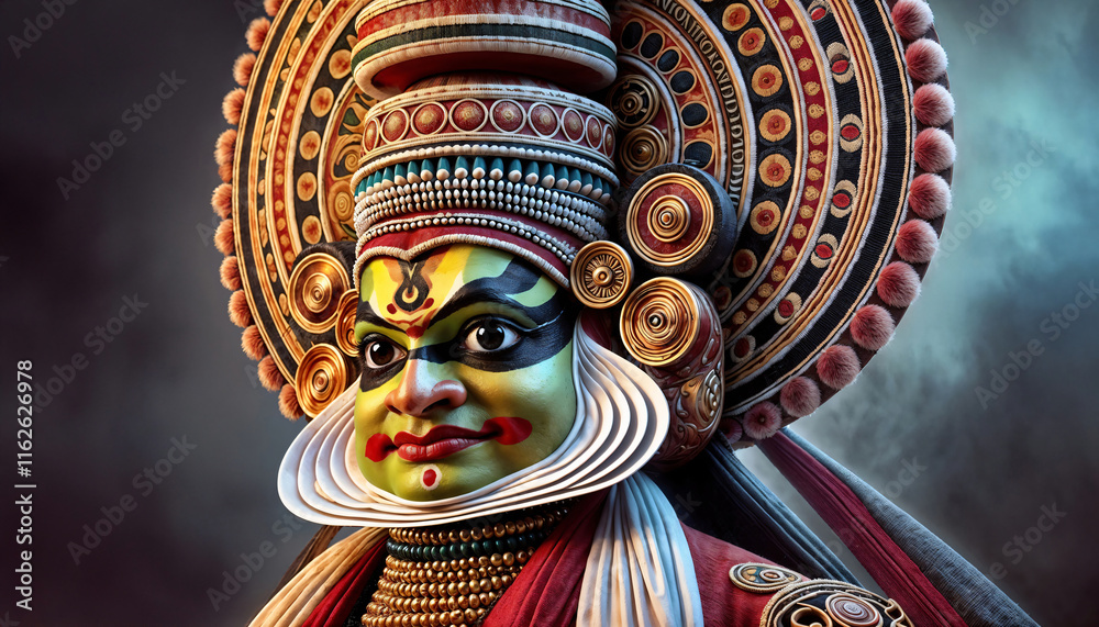 Naklejka premium Close-Up Portrait of a Kathakali Performer in Kerala, India