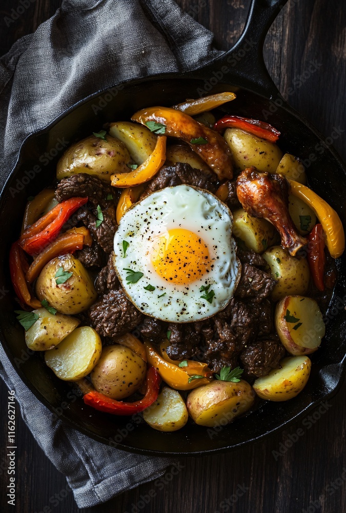 Delicious Steak and Potato Skillet with Fried Egg and Peppers Delicious Steak and Potato Skillet with Fried Egg and Peppers