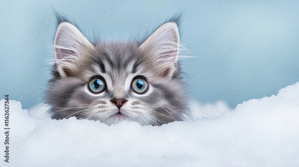 Adorable fluffy kitten peeking through soft snow with bright blue eyes Adorable fluffy kitten peeking through soft snow with bright blue eyes