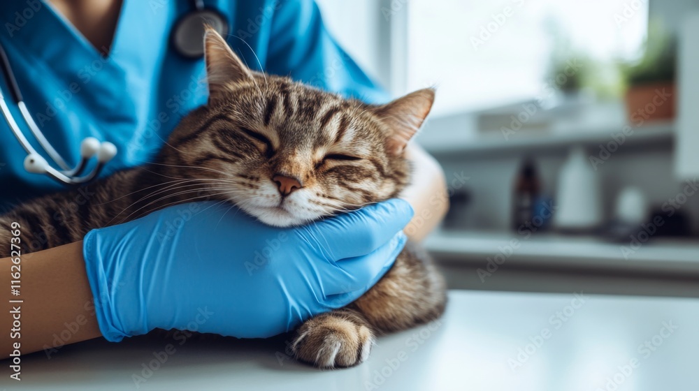 A contented cat rests with its eyes closed while being gently cradled by a pair of blue-gloved hands, showcasing care at a veterinary clinic during the day. A contented cat rests with its eyes closed while being gently cradled by a pair of blue-gloved hands, showcasing care at a veterinary clinic during the day.