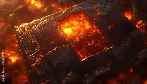 Fiery book, burning pages, glowing embers, hellish tome, infernal manuscript, dark fantasy, fiery abyss, volcanic book, magma core, ancient text, fiery inscription.