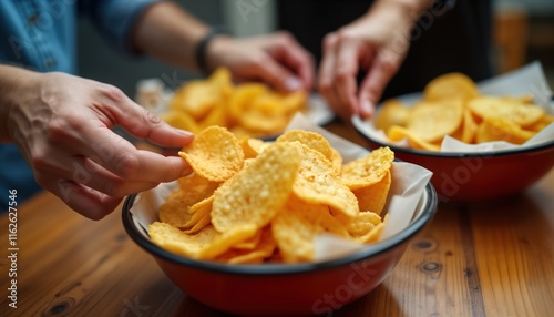 Friends gather sharing crispy potato chips from bowls. Hands reach for snacks. Casual setting with relaxed atmosphere. Social interaction, enjoyment apparent. Sharing, togetherness characterize