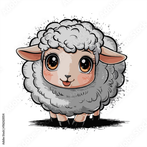 Adorable Cartoon Lamb, Fluffy Sheep, Big Eyes, Cute Animal Illustration