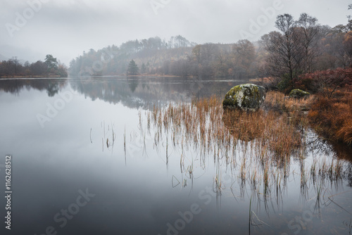 Misty moody autumn morning with colorfull trees and mountain reflecting in a lake, Loch Trool, Scotland photo