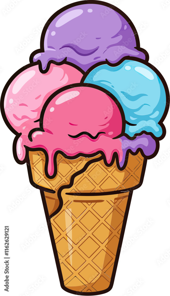 Cartoon ice cream cone with three scoops of different colors. Cartoon ice cream cone with three scoops of different colors.