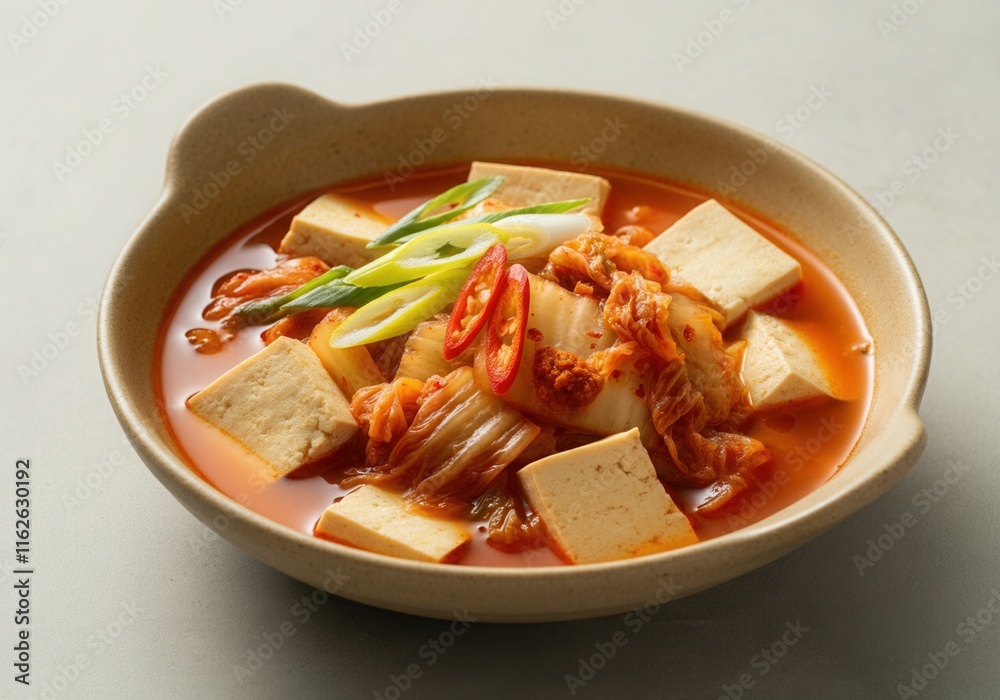 Korean stew with kimchi, tofu, spring onion and chili pepper in bowl Korean stew with kimchi, tofu, spring onion and chili pepper in bowl