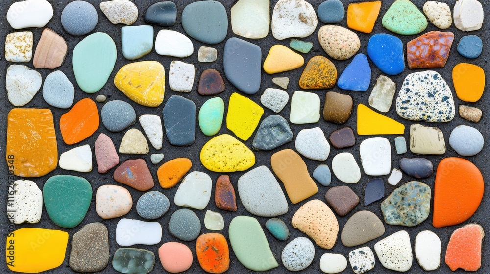 Colorful Variety of Smooth Pebbles and Stones on Dark Surface Colorful Variety of Smooth Pebbles and Stones on Dark Surface