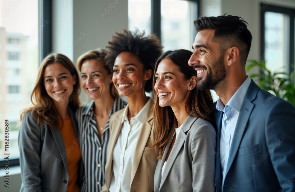 Happy business team stands together indoors. Diverse group of professionals smiling. Teamwork, success evident. Modern office environment. Photo captures positive energy in workplace setting. Look Happy business team stands together indoors. Diverse group of professionals smiling. Teamwork, success evident. Modern office environment. Photo captures positive energy in workplace setting. Look