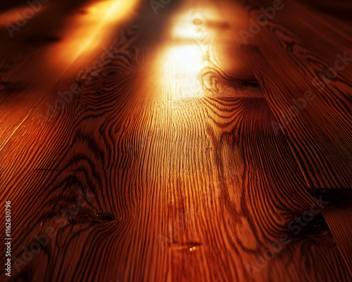Warm, rich, textured wood floor illuminated by sunlight, showcasing intricate grain patterns. Perfect for backgrounds or design elements.