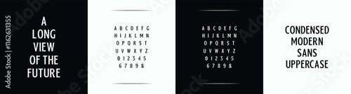 A Long View of The Future: Bold and custom font template with strong, striking typography. Includes ligature templates and connectors like The, From, With, Or, To, And. Designed in an all-uppercase