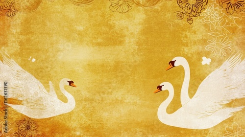 Elegant Swans on Golden Watercolor: A Serene Asian-Inspired Artwork photo