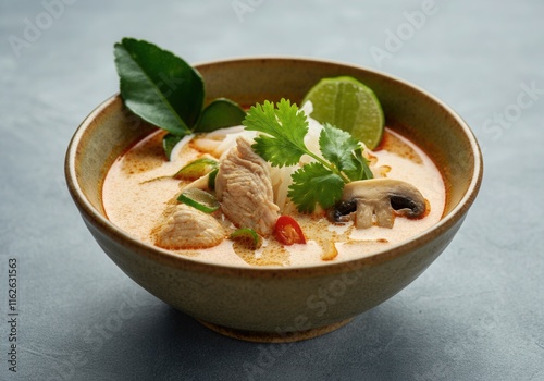 Aromatic tom kha gai soup, featuring tender chicken, mushrooms, and coconut milk, garnished with fresh herbs