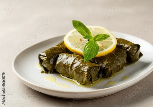 Stuffed grape leaves, known as dolmades or dolmas, are served with lemon and basil, a popular mediterranean and middle eastern dish