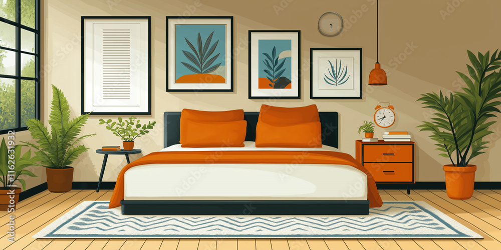 A comfortable bedroom setup with a neatly arranged bed, a nightstand holding a lamp, a rug underfoot, and framed art on the walls. A plant in the corner and small decor items enhance the ambiance. A comfortable bedroom setup with a neatly arranged bed, a nightstand holding a lamp, a rug underfoot, and framed art on the walls. A plant in the corner and small decor items enhance the ambiance.