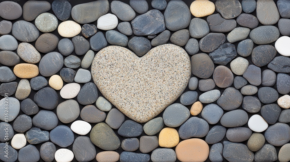 Heart-Shaped Stone Surrounded by Smooth Pebbles on a Gray Background Heart-Shaped Stone Surrounded by Smooth Pebbles on a Gray Background