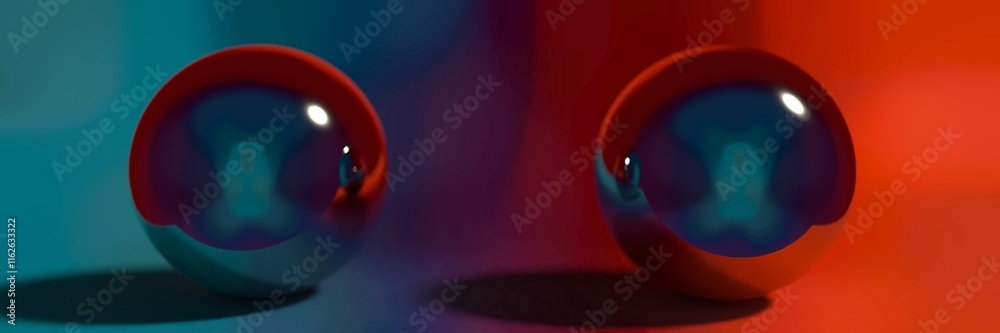 Glossy Red and Gray Spheres with Internal Reflections on Split Teal-Red Background