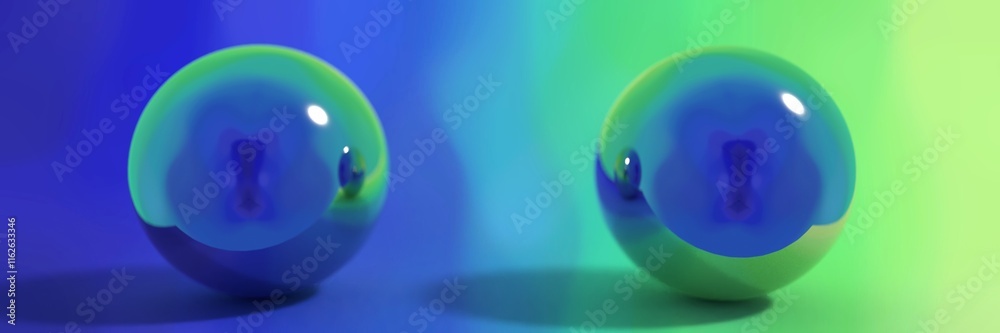 Glossy Blue Spheres with Dark Internal Reflections on Blue-Green Gradient