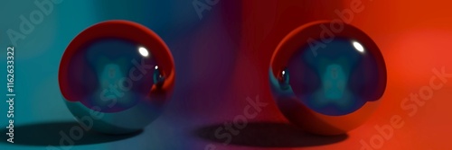 Glossy Red and Gray Spheres with Internal Reflections on Split Teal-Red Background