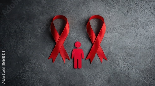 Red Awareness Ribbons and Paper Figure on Textured Gray Background photo