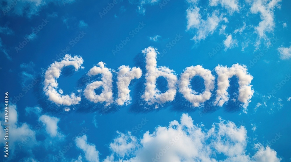 Environmental message: carbon word formed by clouds in a clear blue sky Environmental message: carbon word formed by clouds in a clear blue sky